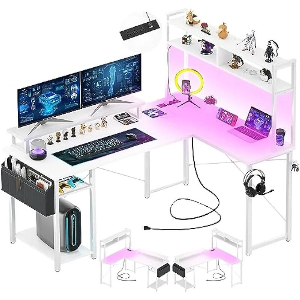 Thumbnail: L Shaped Desk with Charging Port & LED Strip, Reversible L-Shaped Gaming Desk C