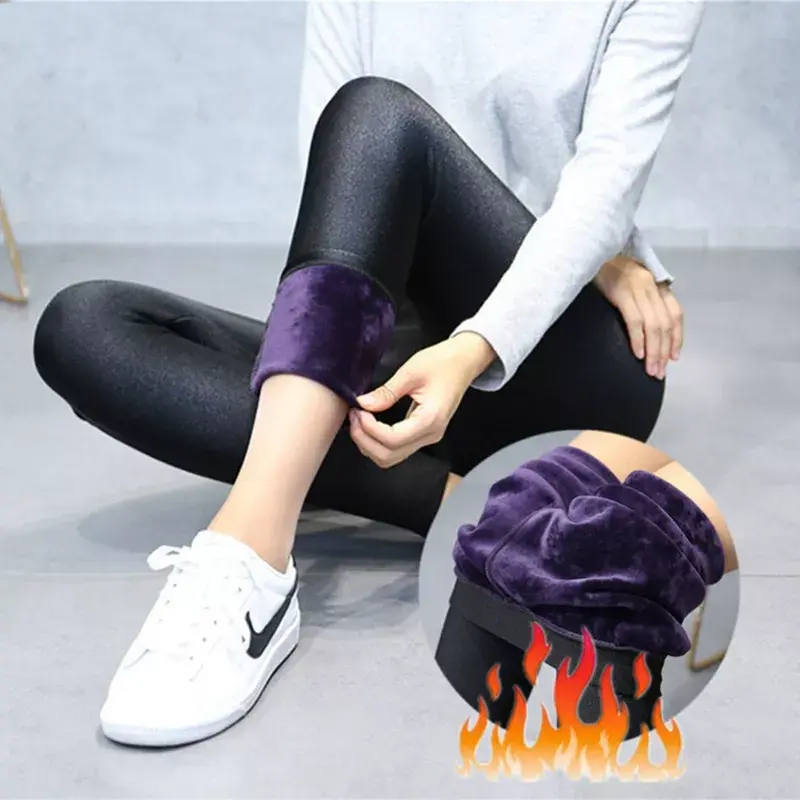 Miniatura: NEW2023 autumn winter slim fitted warm leggings black shine skinny pencil