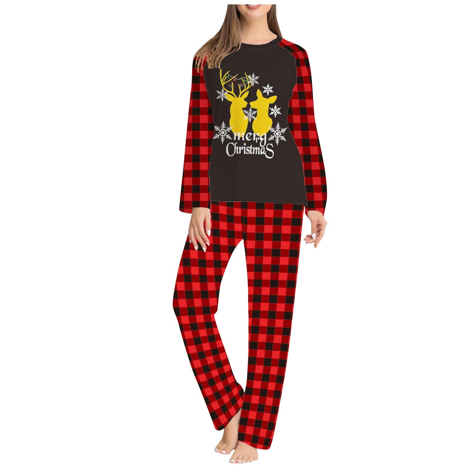 Ladies Christmas Parent-Child Suit Round Neck Long Sleeve Plaid Christmas