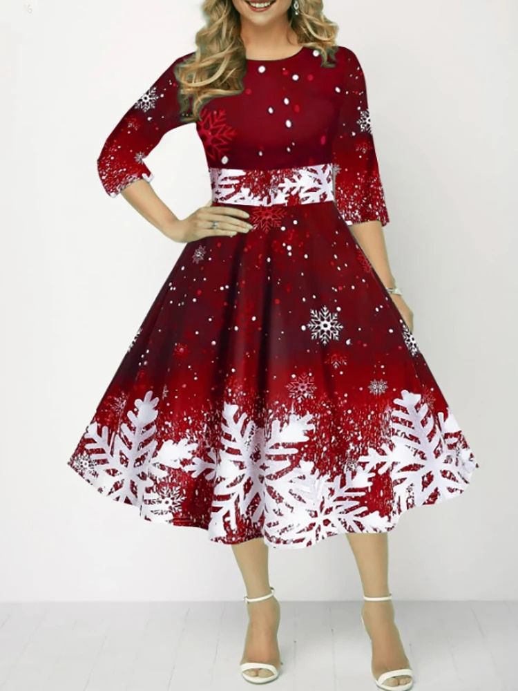Thumbnail: Autumn Dress Women 2023 Fashion Christmas Print Party Dresses Elegant High Wais