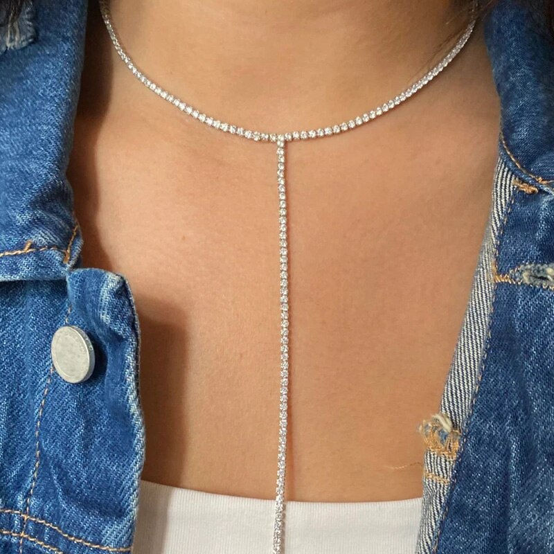 Thumbnail: Stonefans Y Shape Choker with Rhinestones Long Necklace for Women Single