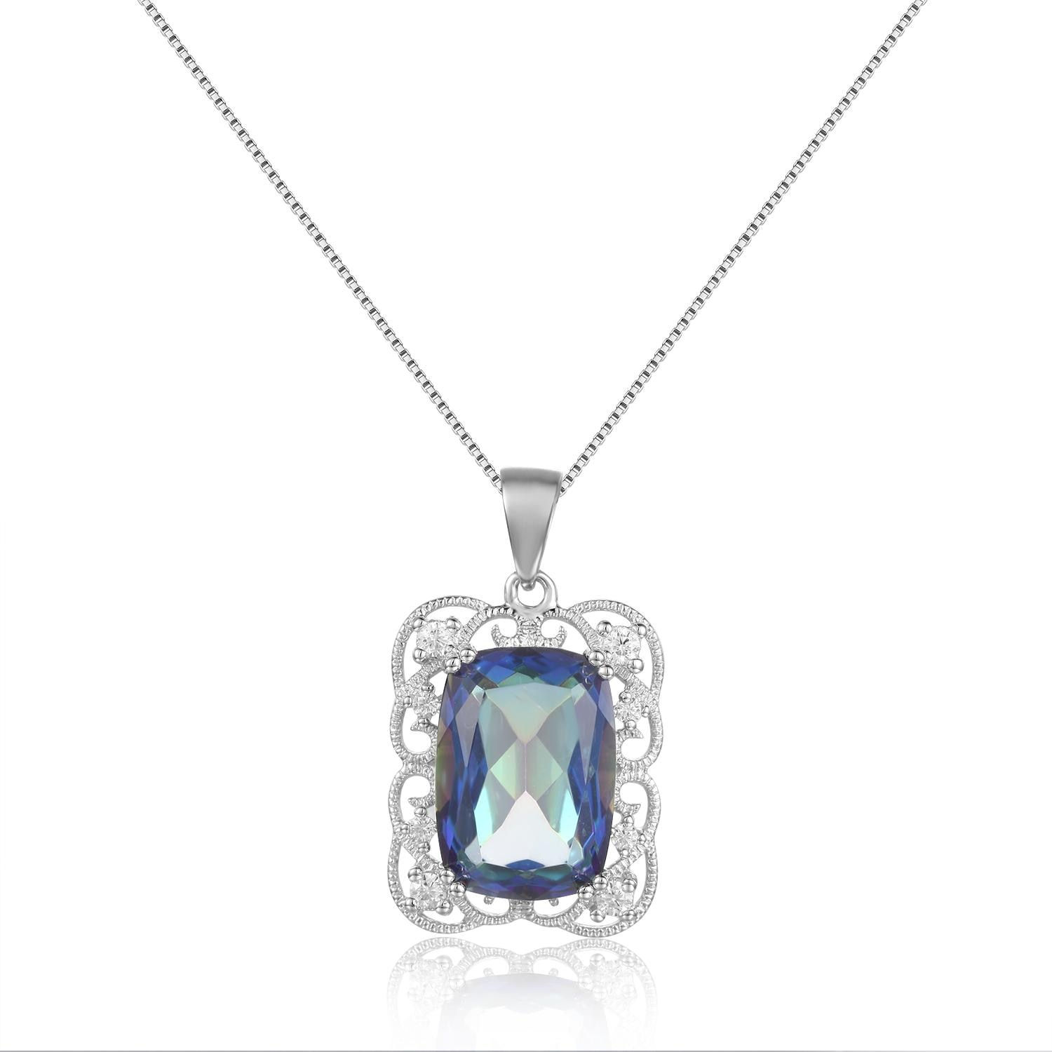 GEM'S BALLET Delicate Lace Necklace 9.66Ct 10x14mm Cushion Fire Mystic