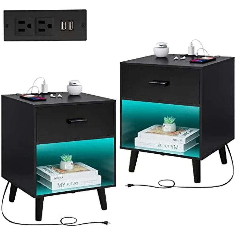 Nightstands Set of 2 with Charging Station and LED Lights, End Side Table with