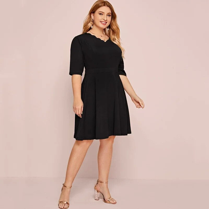 Thumbnail: Plus Size Half Sleeve Elegant Spring Autumn A-line Dress Women Scoop Neck Black