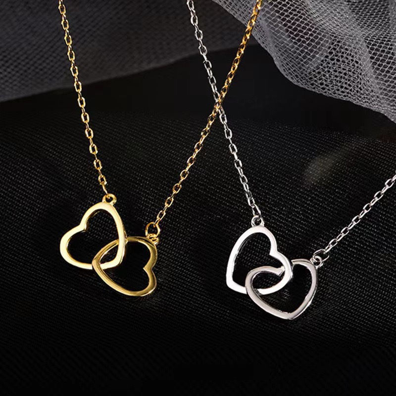 Thumbnail: Japanese And Korean Style Cold Metal Alloy Peach Heart Double Heart Necklace