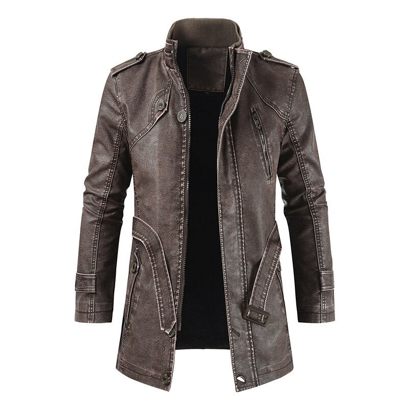 Thumbnail: Winter Men's Thick Fleece Leather Jacket Coat Long Outwear Fashion Warm Casual