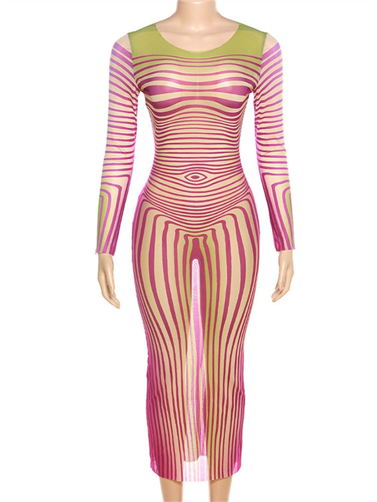 Habbris Pink Patchwork Stripe Long Dress Party Evening Fo Women 2023 Autumn Lon