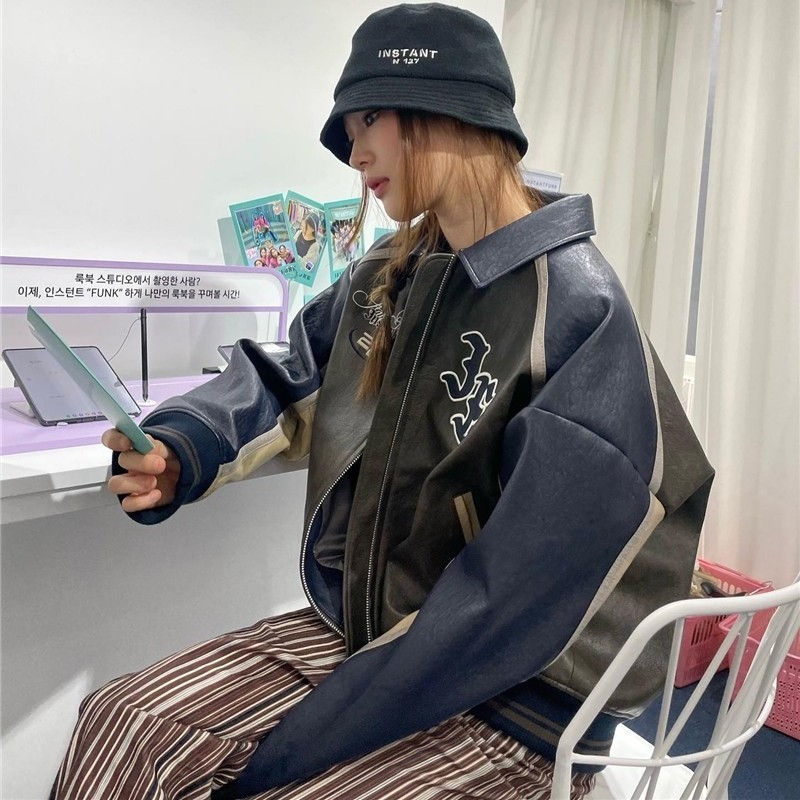 Thumbnail: New Loose Color Matching Retro Leather Coat Jacket For Men And Women
