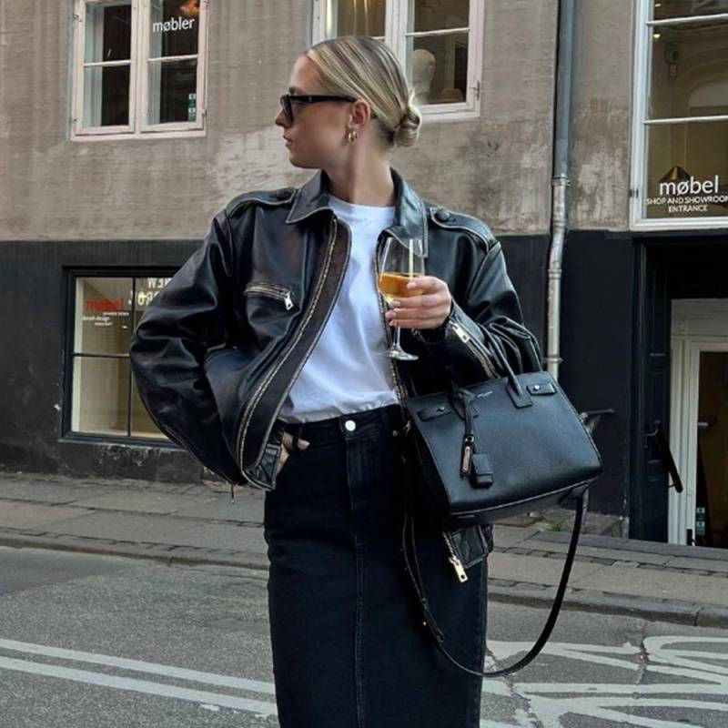 Thumbnail: Women's Sheepskin Coat Retro Biker's Leather Coat
