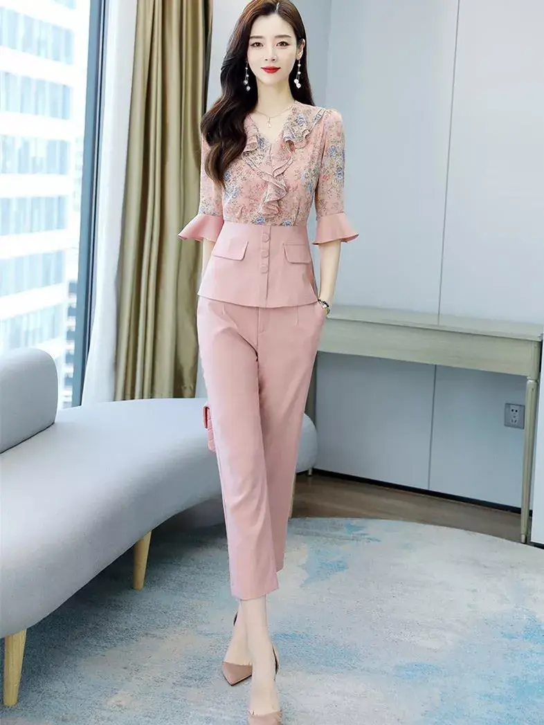 Miniatura: 2 Piece Set 2022 Summer Slim Floral Patchwork Blouse Trousers Suit Pants
