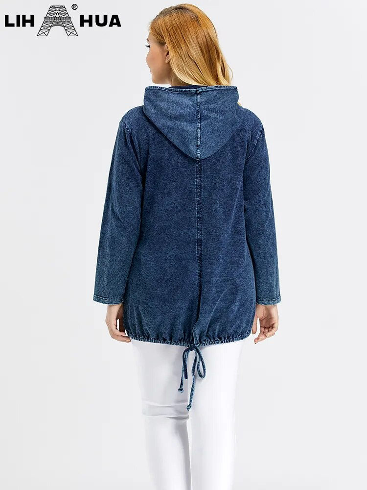 Thumbnail: LIH HUA Women's Plus Size Denim Jacket Fall Casual High Stretch Hoodie Cotton K