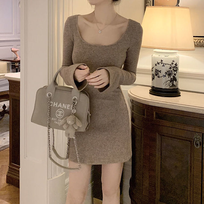 Miniatyrbild: Pure Desire Style Square Collar Bell Sleeve Knitted Dress Female Slim Looking B