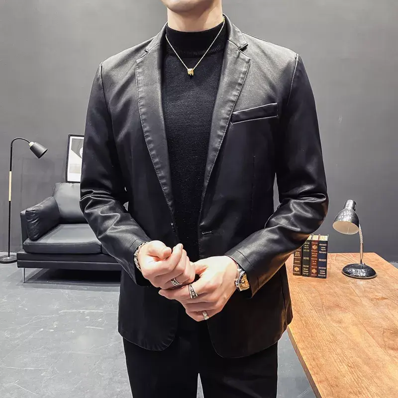 Miniatura: Slim Fit Suit Jackets Leather Blazers New Fashion Male PU Leather Coats Spring