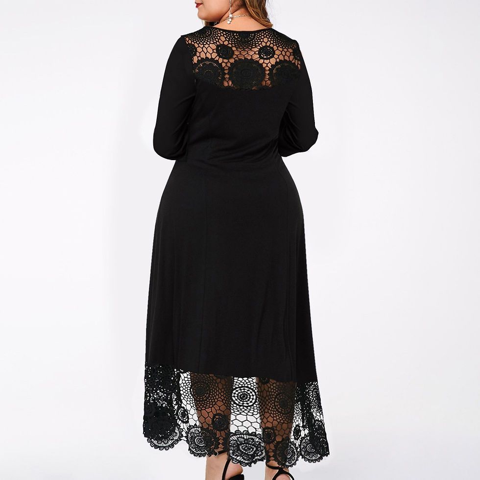 Thumbnail: 5XL Women Plus Size Casual Solid Lace Round Neck Dress Long Sleeve Irregular La