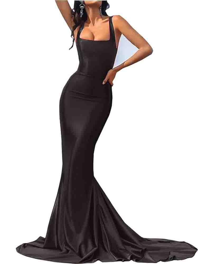 Thumbnail: Romagic Square Neck Sleeveless Satin Evening Dress Backless Floor Length Mermai