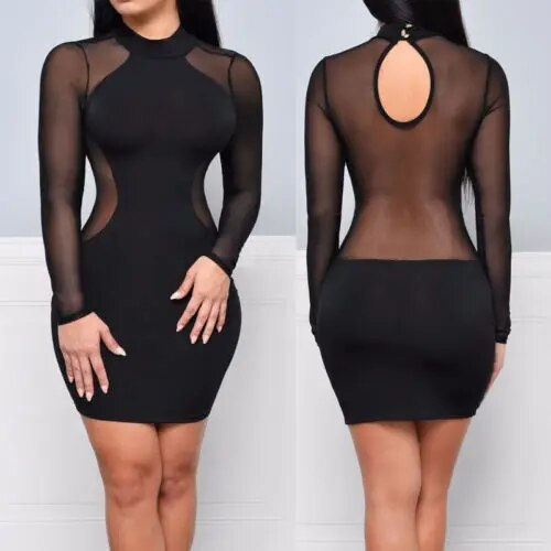 Thumbnail: Women Sexy Bodycon Dress Evening Party Cocktail Dress Transparent Long Sleeve C