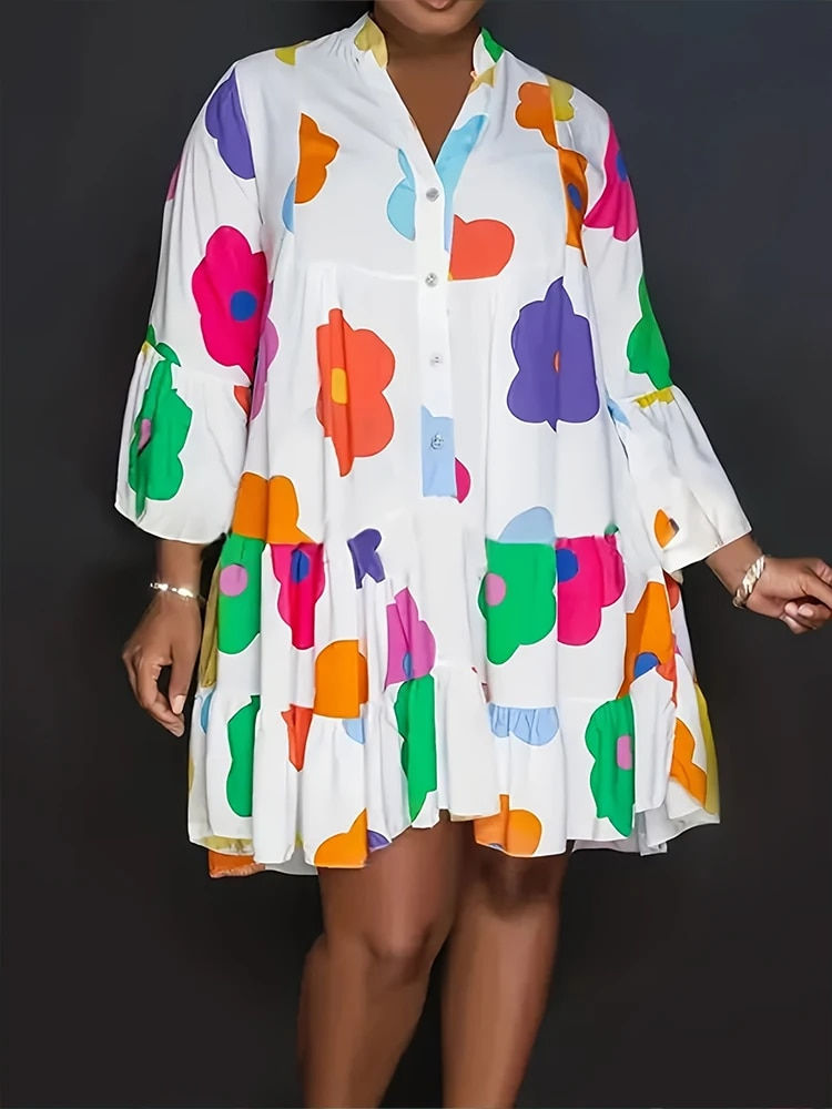 Thumbnail: Plus Size 2023 Fall New Floral Printed Women's Dress, Casual Loose Button Fashi