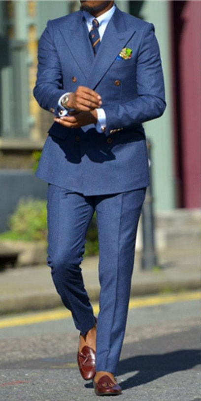 Thumbnail: Dark Blue Formal Mens Suits Two Pieces Notched Lapel Wedding Tuxedos Groom Wear