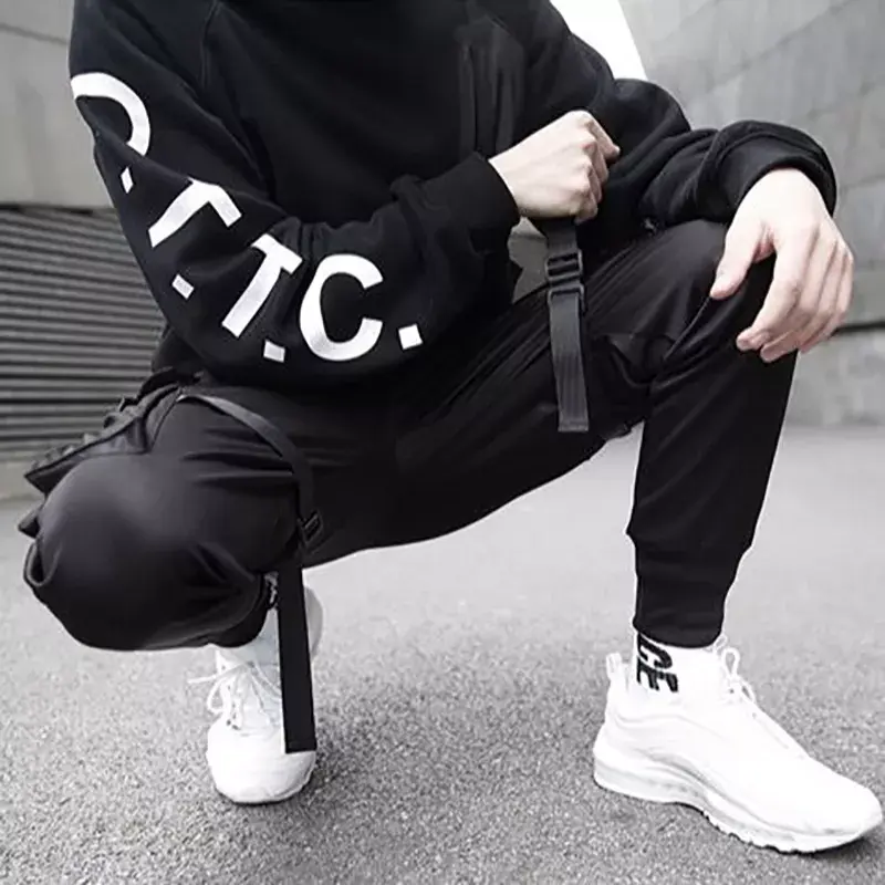 Thumbnail: Men Ribbons Color Block Black Pocket Cargo Pants Harem Joggers Harajuku