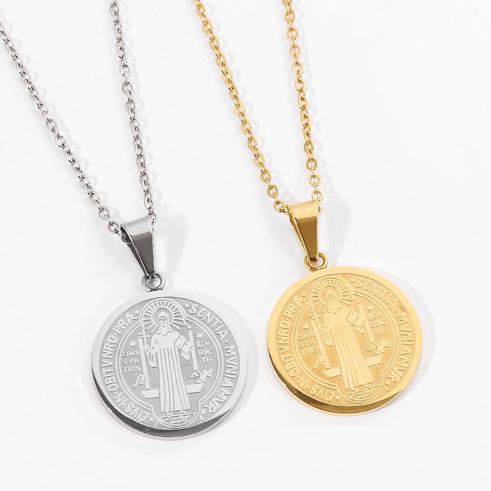 Thumbnail: Catholic Saint Benedict Medallion Pendant Necklace for Women Men Gold Silver