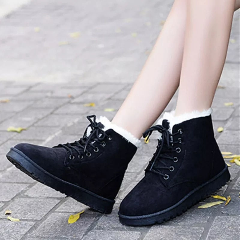 Thumbnail: Women Winter Snow Boots Warm Flat  Platform Lace Up Ladies Women's Shoes
