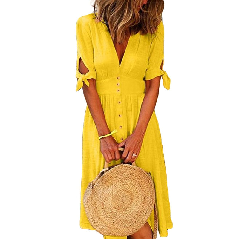 Thumbnail: Fashion Solid Button Shirt Dress Women Casual Half-sleeve Lace-up V-neck Dress
