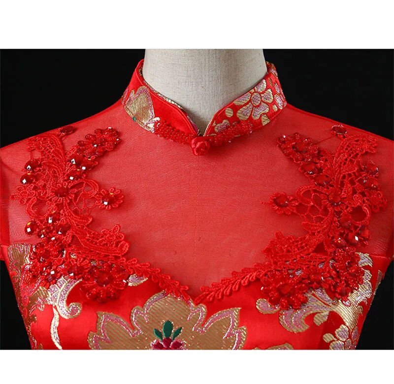Miniatura: Red Embroidery Wedding Cheongsam Women Vintage Plus Size Fishtail Dress Traditi