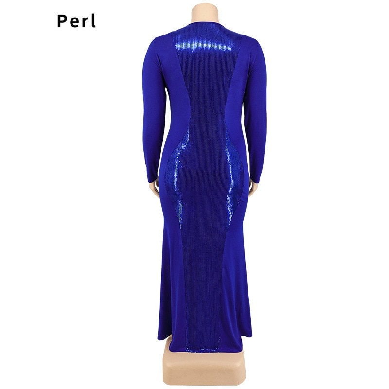 Küçük resim: Perl Sequin Patchwork Evening Long Dress Plus Size V-neck Women Clothing Elegan