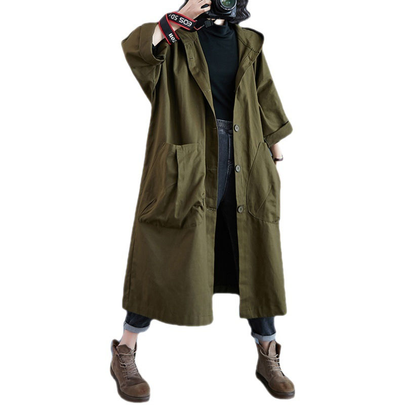 Thumbnail: Loose Plus Size Overknee Long Large Pocket Trench Coat