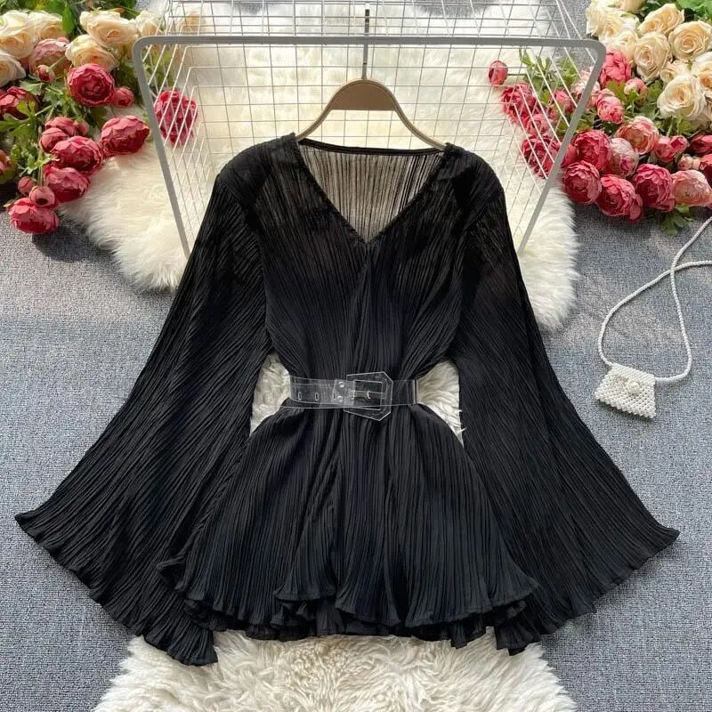 Thumbnail: Autumn Winter Elegant OL Flared Sleeve Loose Fashion V-neck Blouse 2023 Top + B