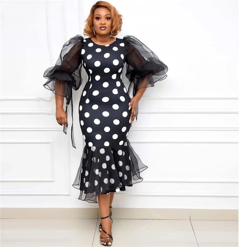 Thumbnail: plus size Tulle Banquet Party Dot Print Women Elegant Fashion Maxi Dress Slim D