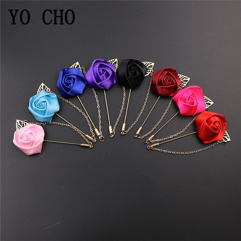 Thumbnail: YO CHO Groomsmen Boutonniere Wedding Corsage Men Brooch Pin Burgundy Silk Rose