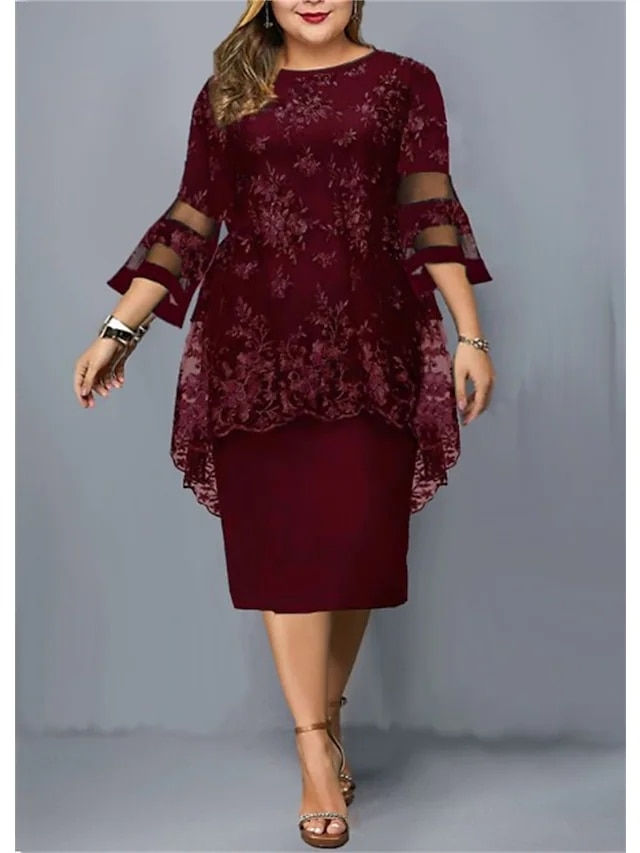 Thumbnail: Women's Plus Size Bodycon Dress Crew Neck 3/4 Sleeve Fall Spring Stylish Elegan