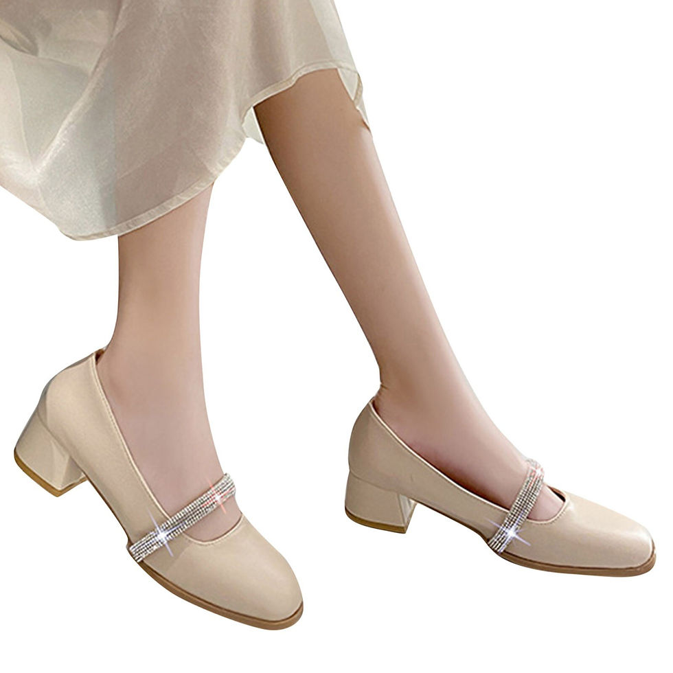 Thumbnail: Fashion Summer Women Pumps Solid Color Round Toe Rhinestone Chunky Heel Medium