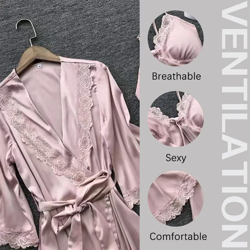 Miniaturbild: 2pcs Woman Cute Pajamas Sleepwear Lace Robe And Pants Lingerie Bathrobe Silk Sa