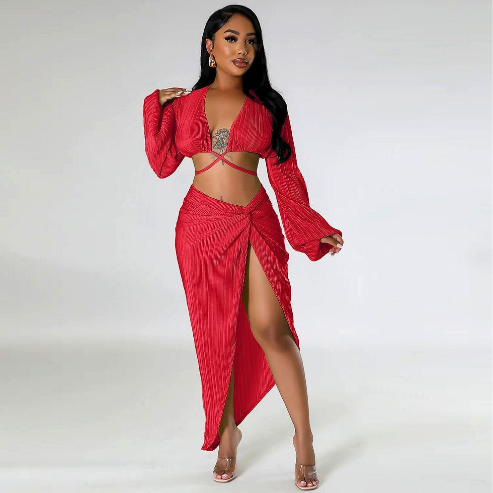 Thumbnail: Elegant Pleated Lace Up 2 Piece Set Women Sexy V Neck Lantern Sleeve Bandage Cr