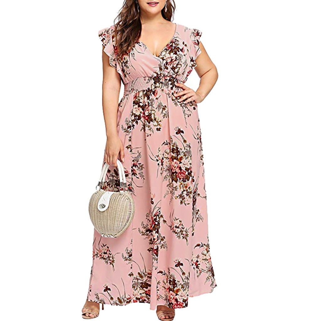 Women Dresses Summer 2021 Plus Size Sexy V Neck Floral Print Boho Beach Long Ch