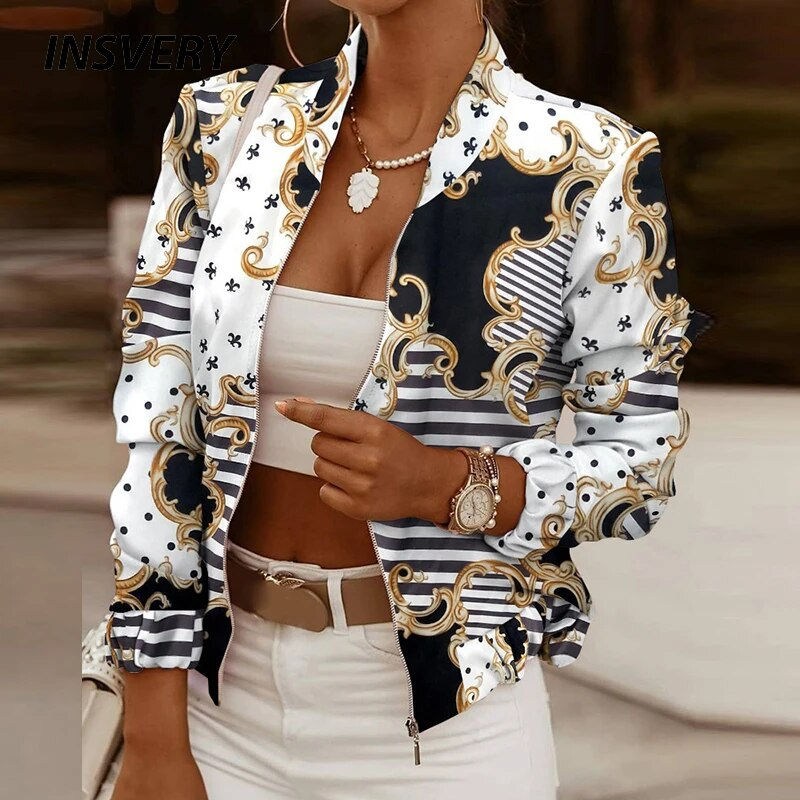2023 Spring Autumn Women Thin Jackets Tops Vintage Print Long Sleeve Zipper Jac