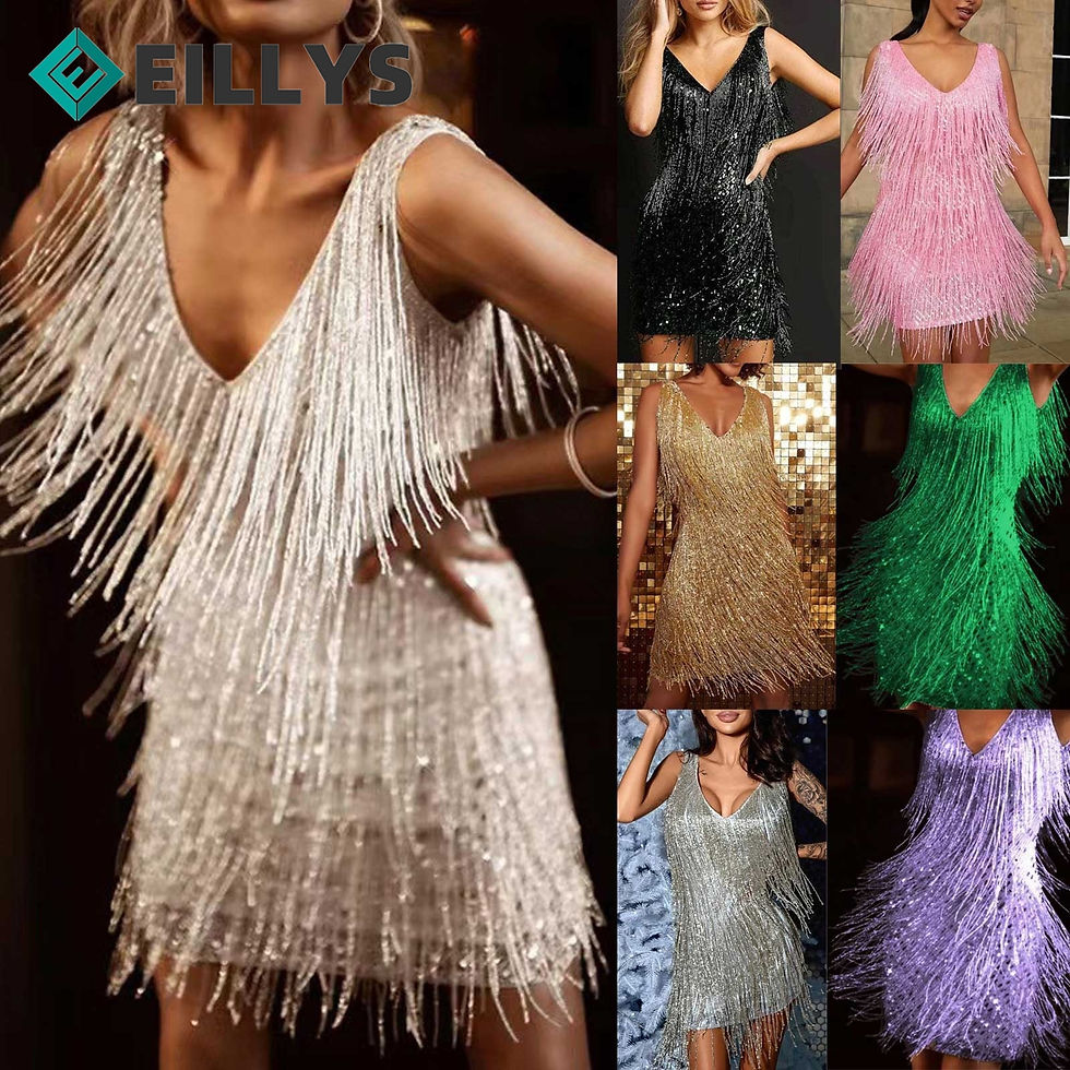 Thumbnail: Women Fashion Sexy Tassel Stitching Dress Women Tassel Mini Dress Sexy V Neck