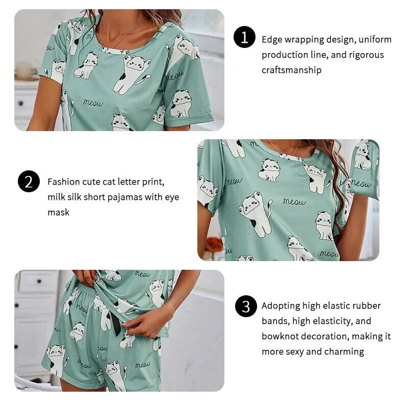 Miniatura: Women Pajamas Sets Short Sleeve Nightwear Top and Pants Sleepwear 3 Piece Pjs L