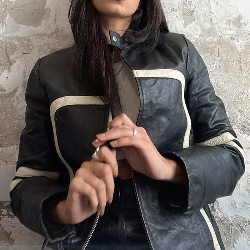 Thumbnail: Women's Locomotive Style Stitching Loose Zip Leather Coat