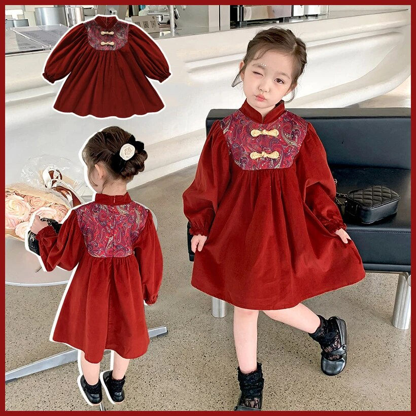 2023NEW Red Chinese Traditional Cheongsam For Girls Tang Suit Hanfu Dress Chine