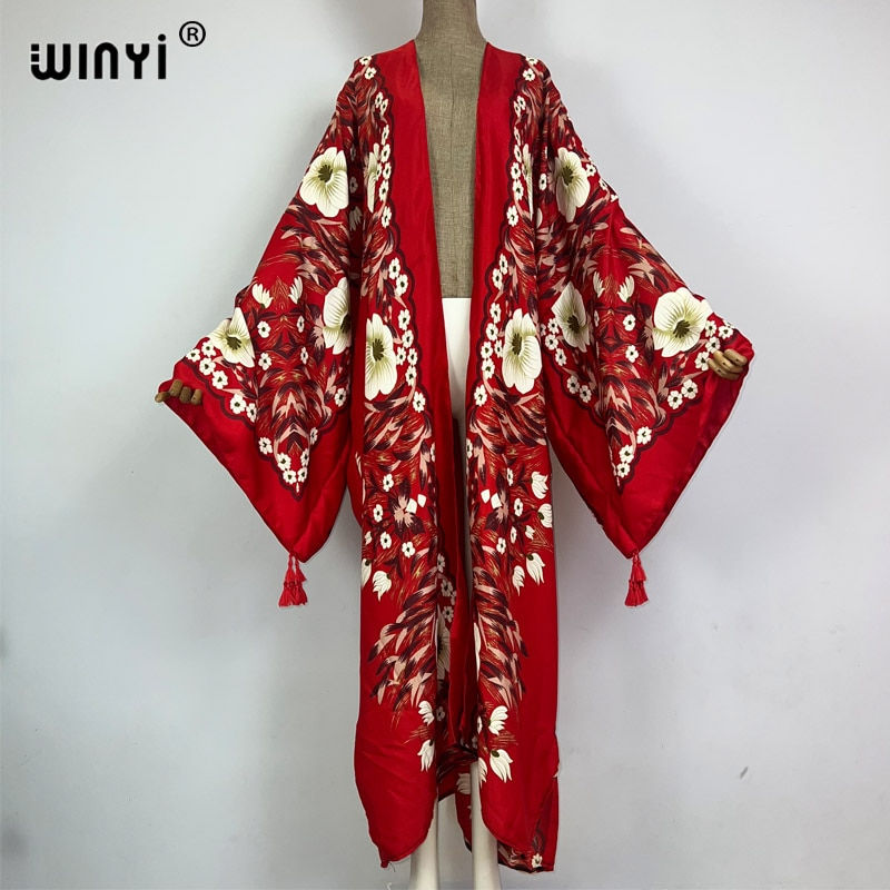 Thumbnail: 2023 WINYI new Cotton feeling Bikini Cover-ups Bohemian print Front Open Long K