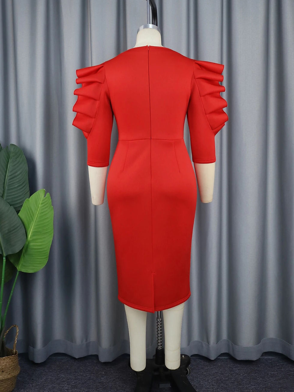 Thumbnail: Women Red Sheath Ruffle Party Dress Bodycon Pencil Midi Elegant And Plus  Size