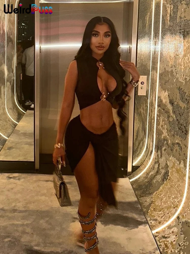 Thumbnail: Weird Puss Sexy Women 2 Piece Set Hollow Chic Circle Button Tank Tops+Irregular