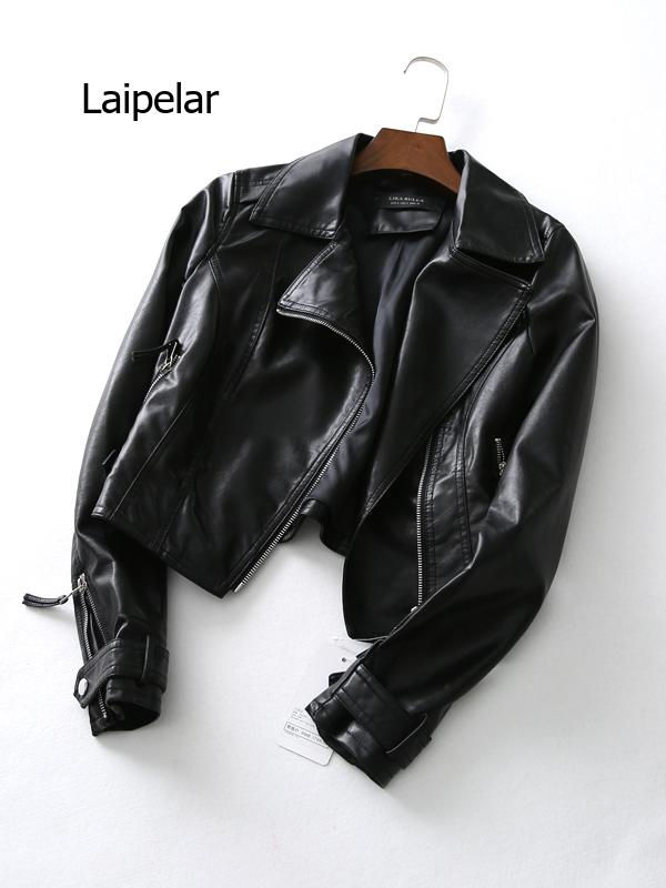 Thumbnail: Women Short Pu Leather Jacket Winter Autumn Ladies Faux Soft Leather Coat Slim