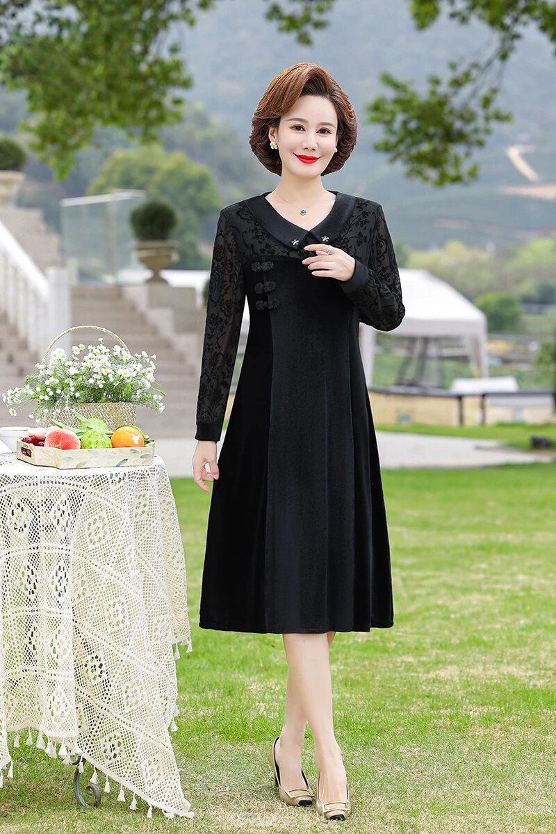 Sīktēls: Women Velvet Vintage Midi Dress  Autumn Lapel panel long sleeved flocking Elega
