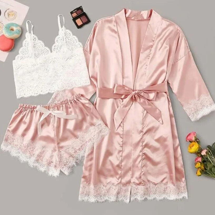 Thumbnail: Cute Nightgown Lingerie Black Lace Patchwork Nightdress Women Silk Kimono Linge