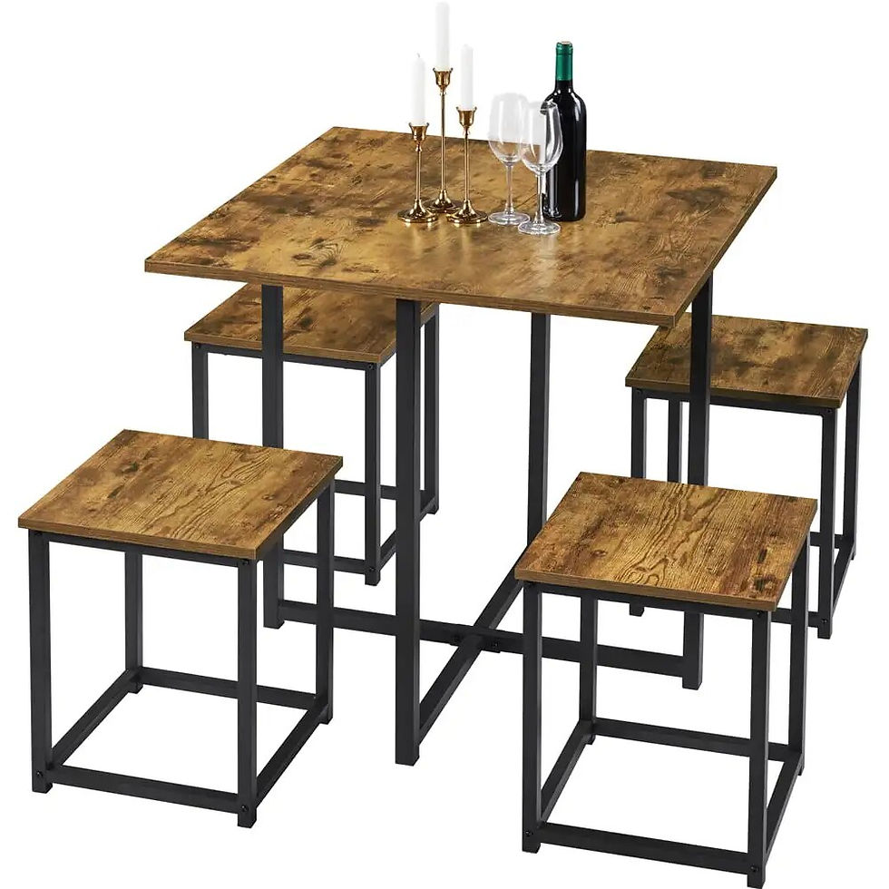 Thumbnail: 5Pcs Dining Set with Industrial Square Table and 4 Backless Chairs, Drift Brown