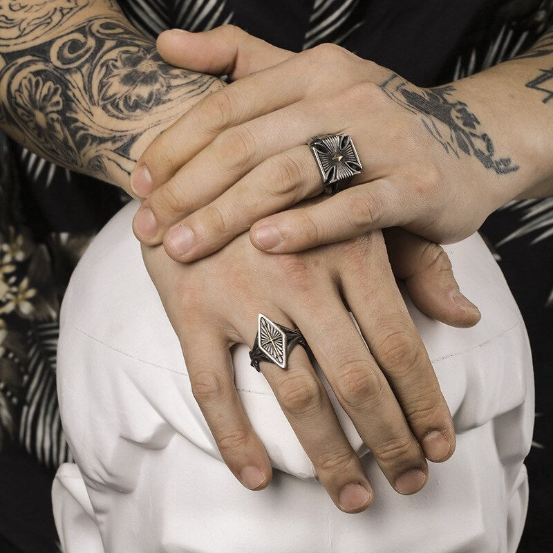 Thumbnail: LIVVY Thai Silver Color Retro Cross Resizable Ring for Men's Trend Accessories
